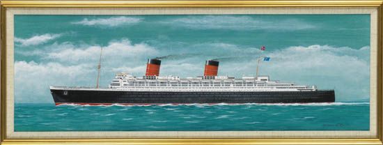(CUNARD LINE.) Queen Elizabeth. Oil on artist board portrait of the ship,